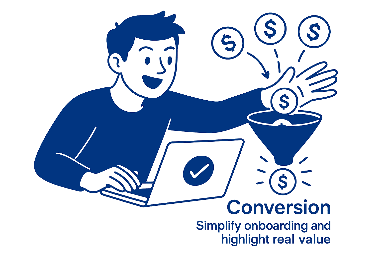 An illustration with a person that represents a Conversion stage of the Web3 marketing funnel