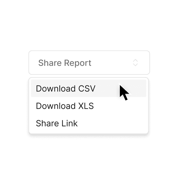 The image shows a dropdown menu from a web app interface with options for downloading a report as a CSV or XLS file and sharing a link, demonstrating data solutions in aviation services.