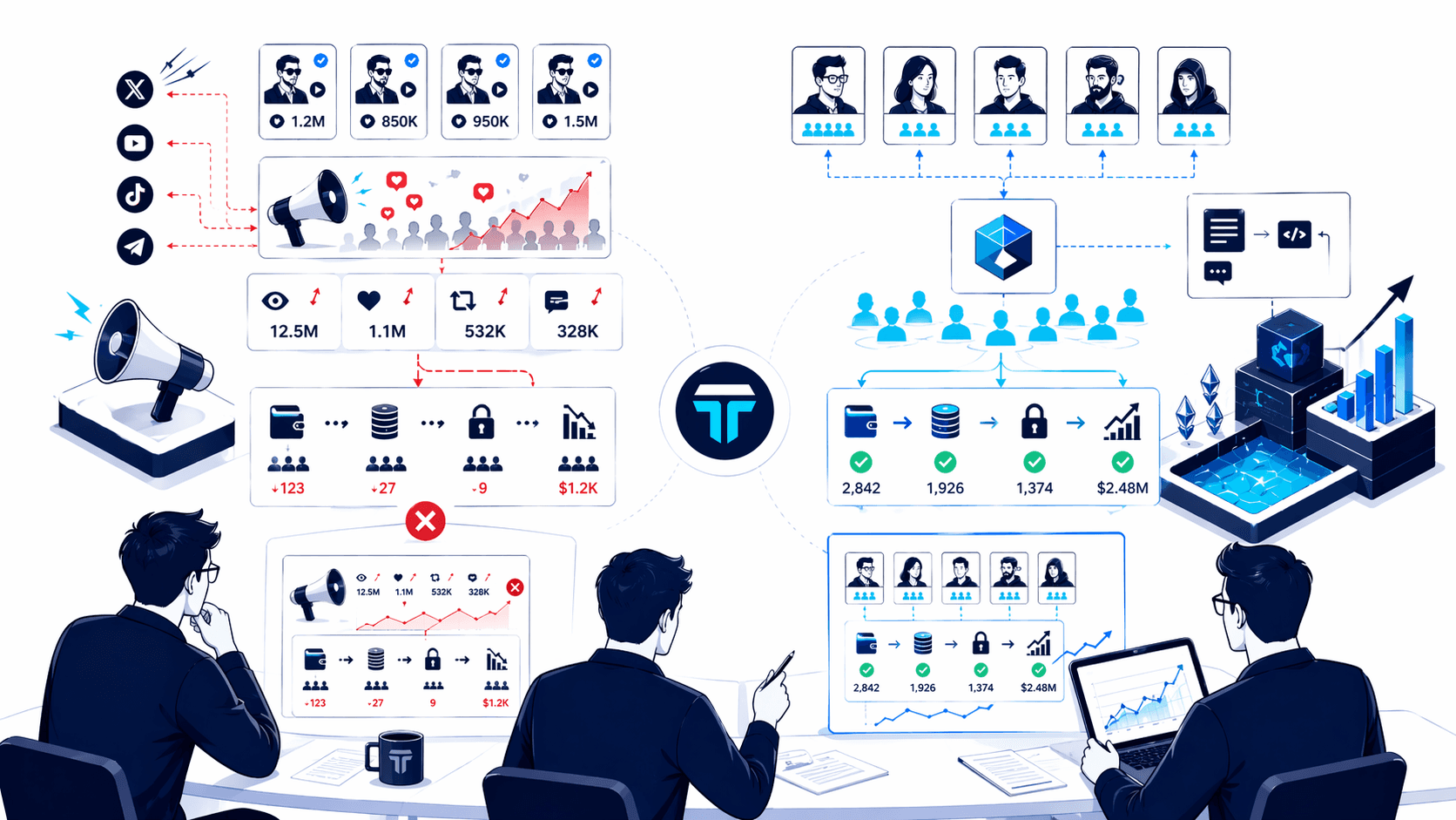 Images shows two different ways approaching DeFi marketing strategy in 2026, one is right and the other is wrong 