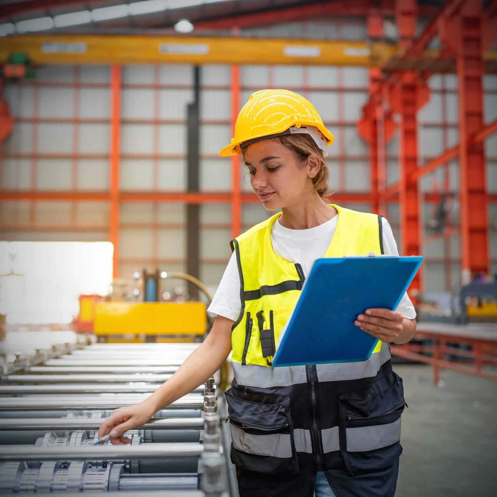 Quality manager in hi-vis with a clipboard checking work along the production line.