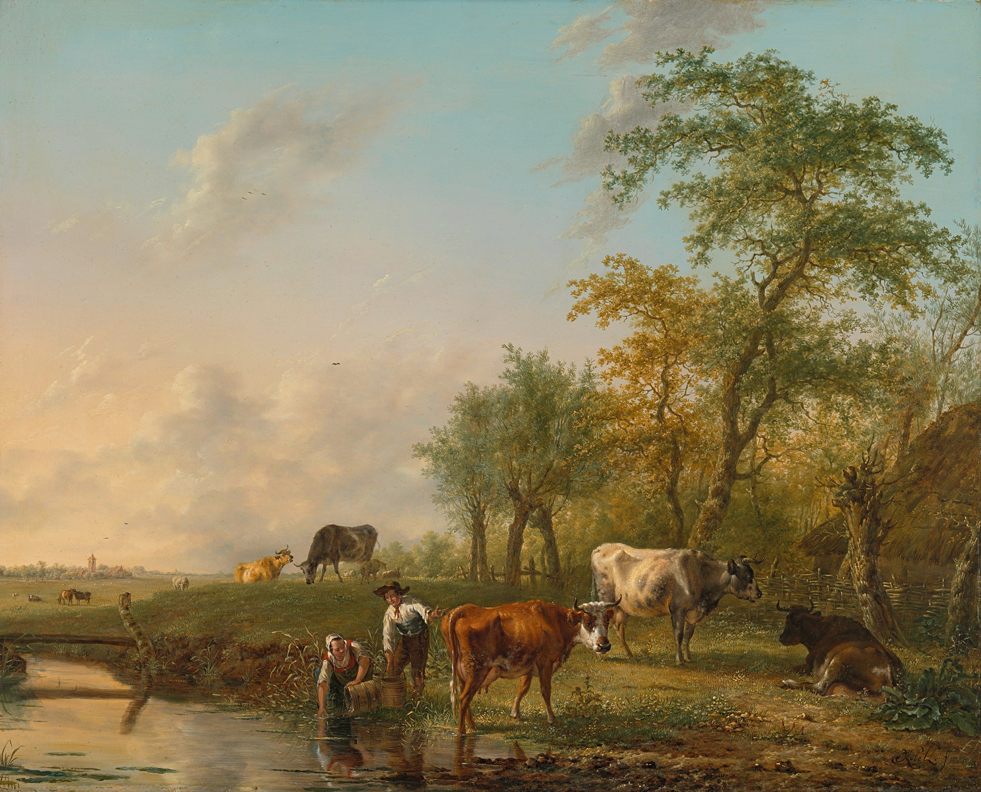 A serene countryside scene with farmers, cows, and lush greenery near a calm water stream