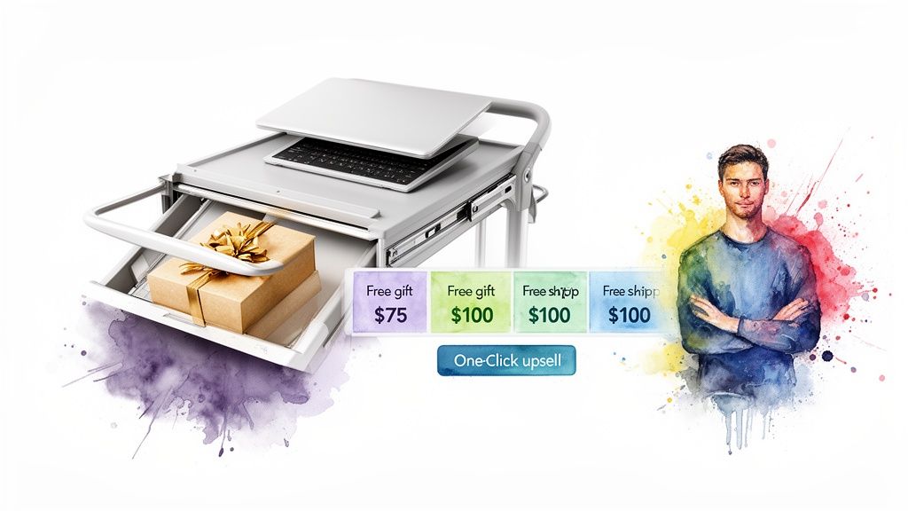 Mobile cart with laptop and gift, showing free gift and shipping upsell options, next to a man.
