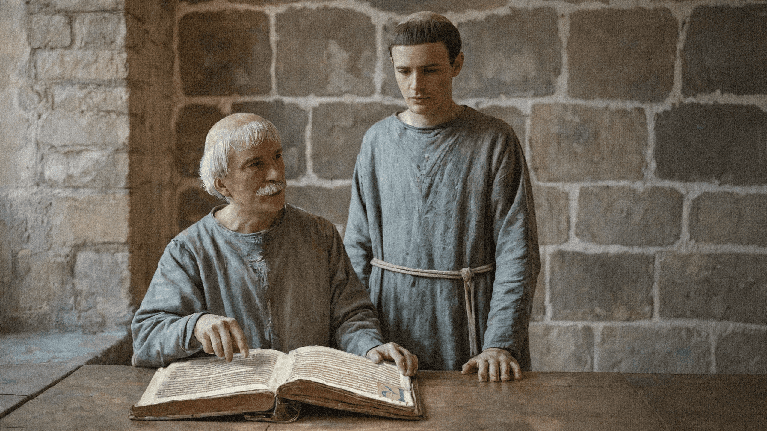 Sacred artwork by Faith and Verse. © Faith and Verse, 2026. All rights reserved. Young Rabanus Maurus studying manuscript with his teacher Alcuin of York at Tours, circa 802-804.