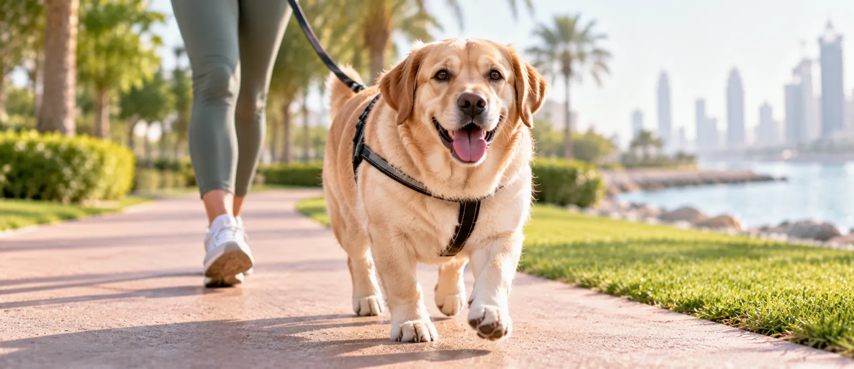 Golden retriever on a leash walking outdoors with the Dubai skyline in the background.
