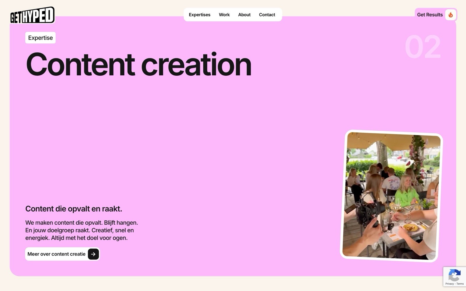 Image showing a vibrant webpage header with the text "Content Creation" against a pink background, featuring a small photo of people socializing at an outdoor café, under the menu options "Expertise," "Work," and "About."