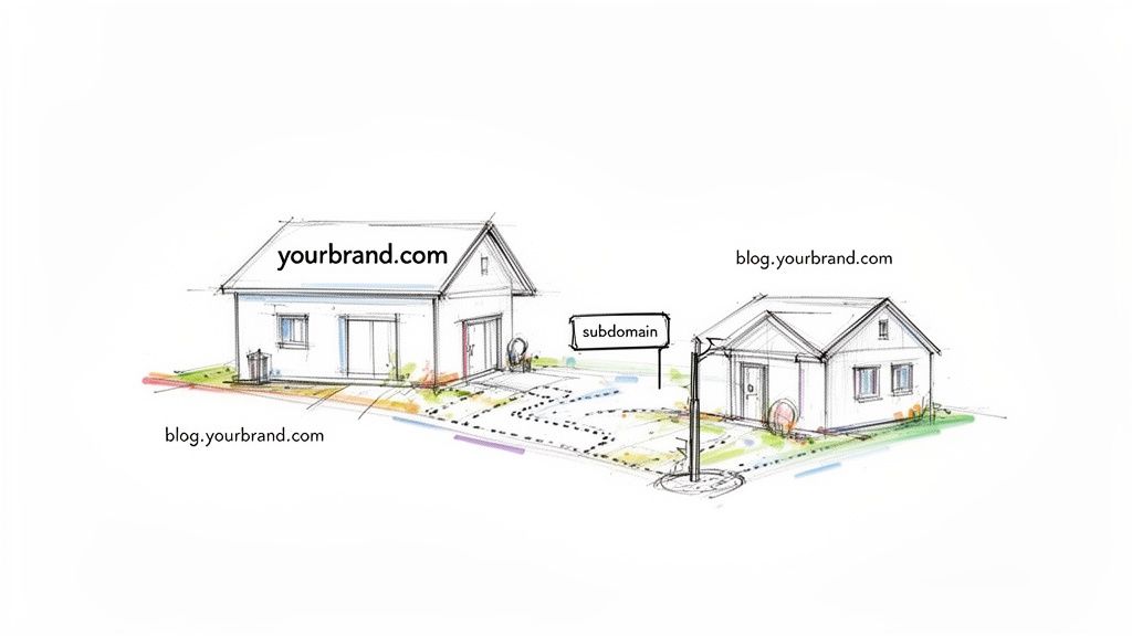 Illustration of two houses representing a main domain (yourbrand.com) and a blog subdomain (blog.yourbrand.com).
