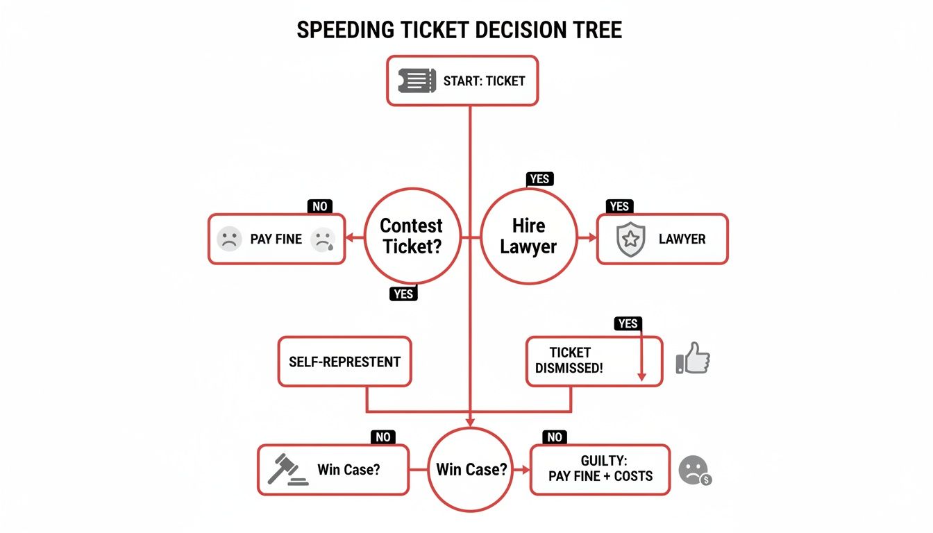 Decision tree flowchart illustrating options for handling a speeding ticket, from contesting to paying fine.