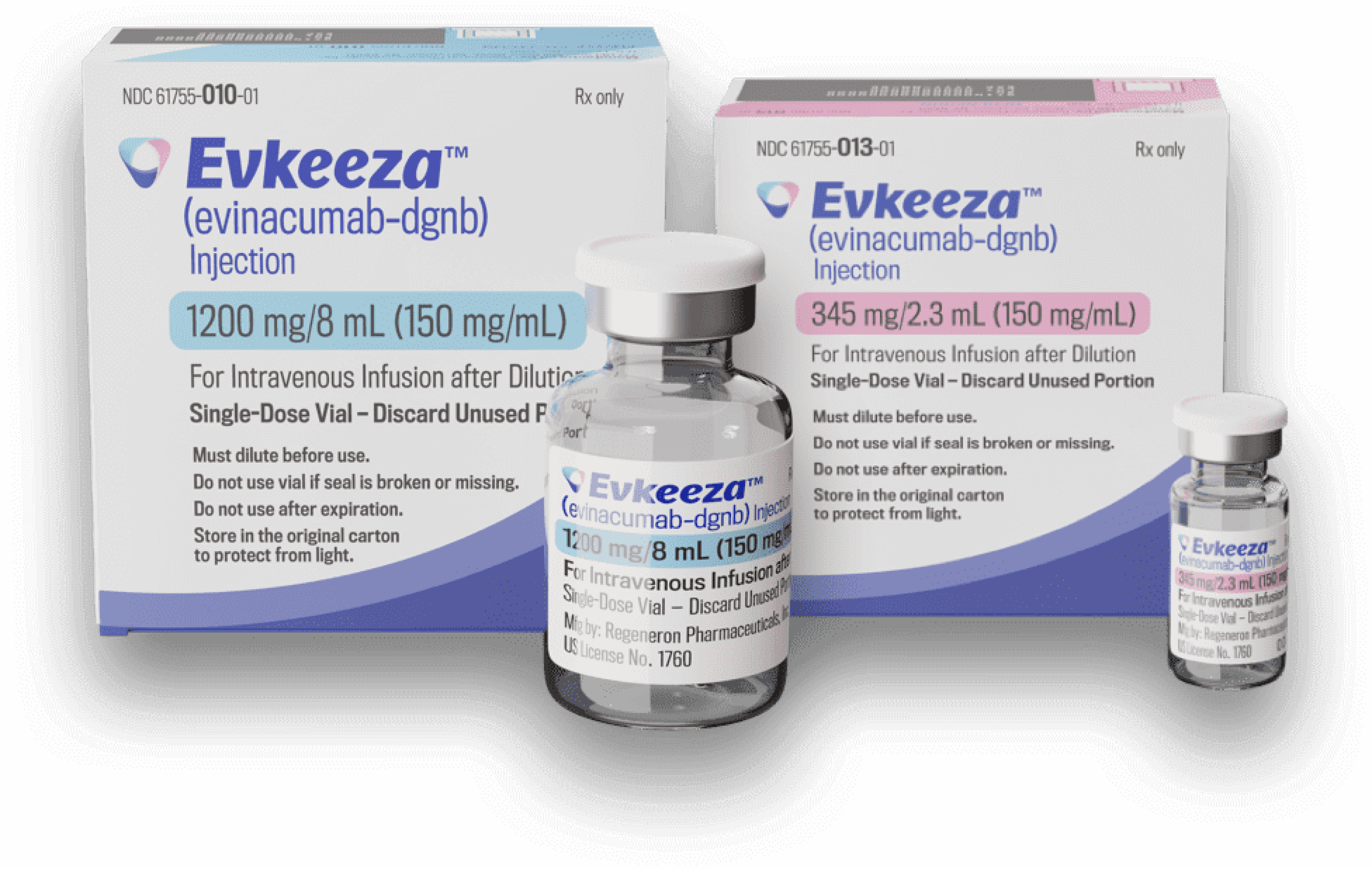 Evkeeza injection vials and packaging for intravenous infusion