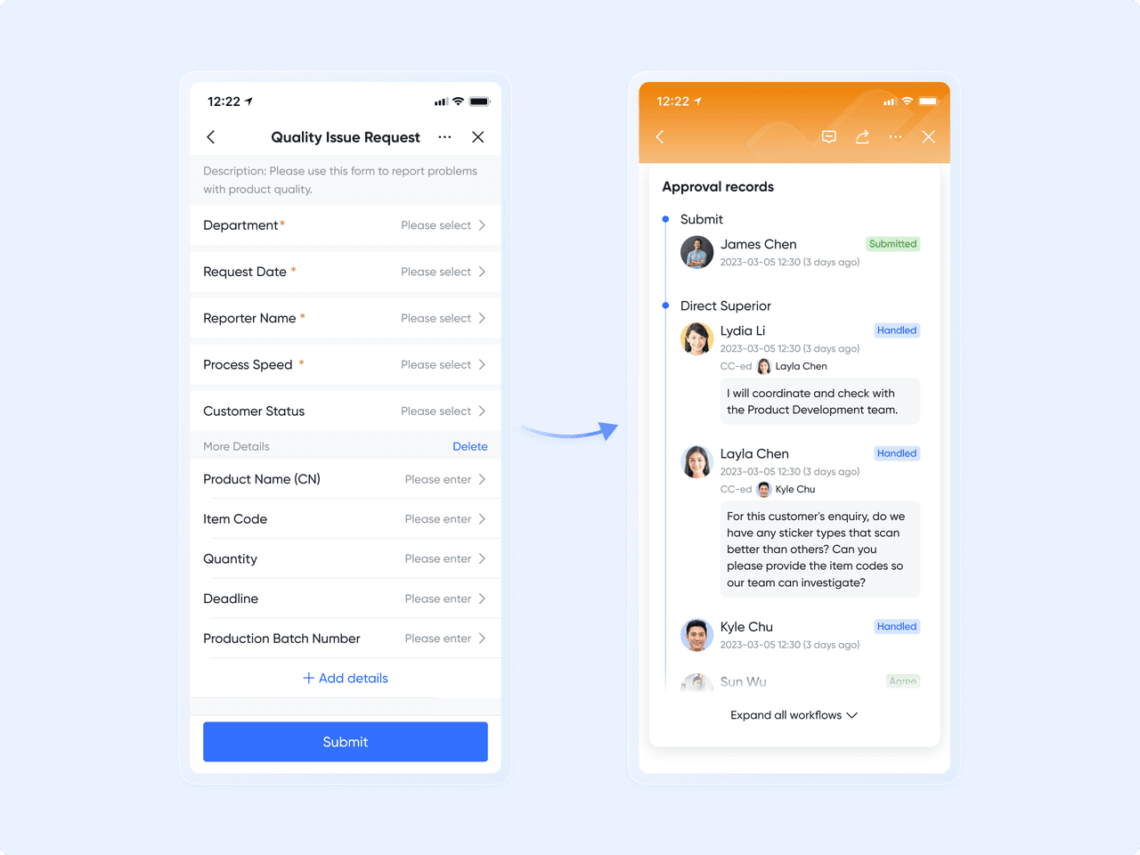 Employees report product quality issue using Lark Approval and discussion on next steps