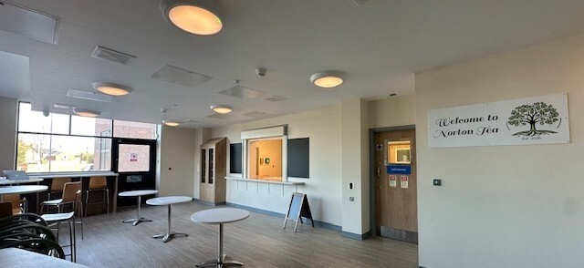 The communal area at Norton Lea, including the café operated by a local charity