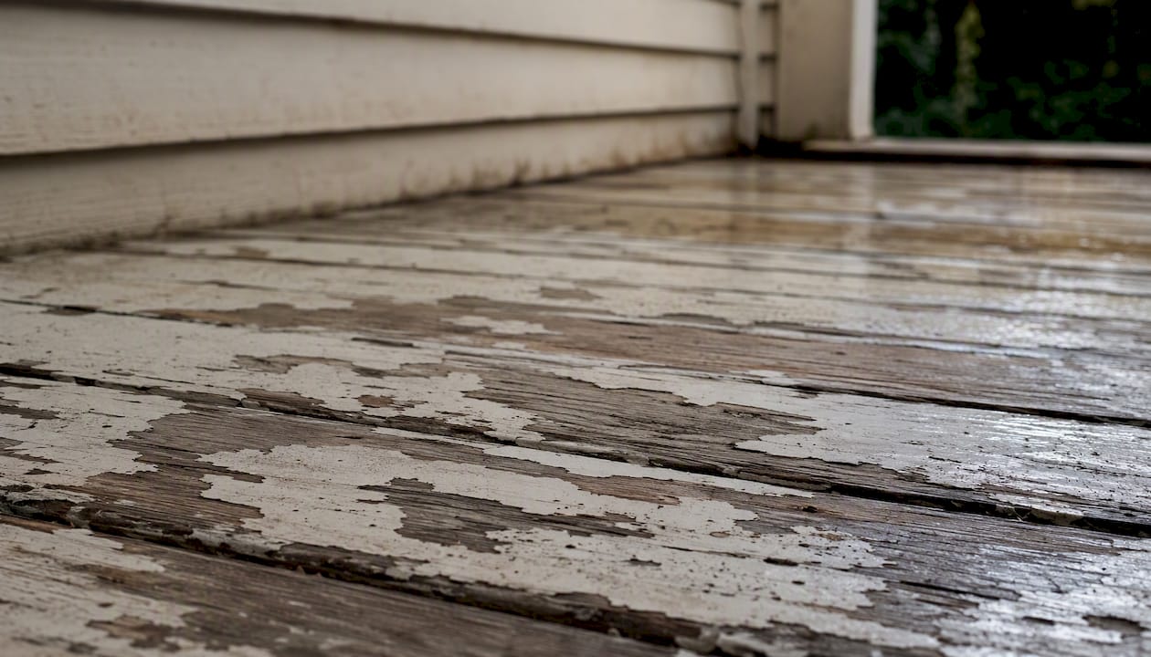 Peeling paint on a horizontal wooden deck