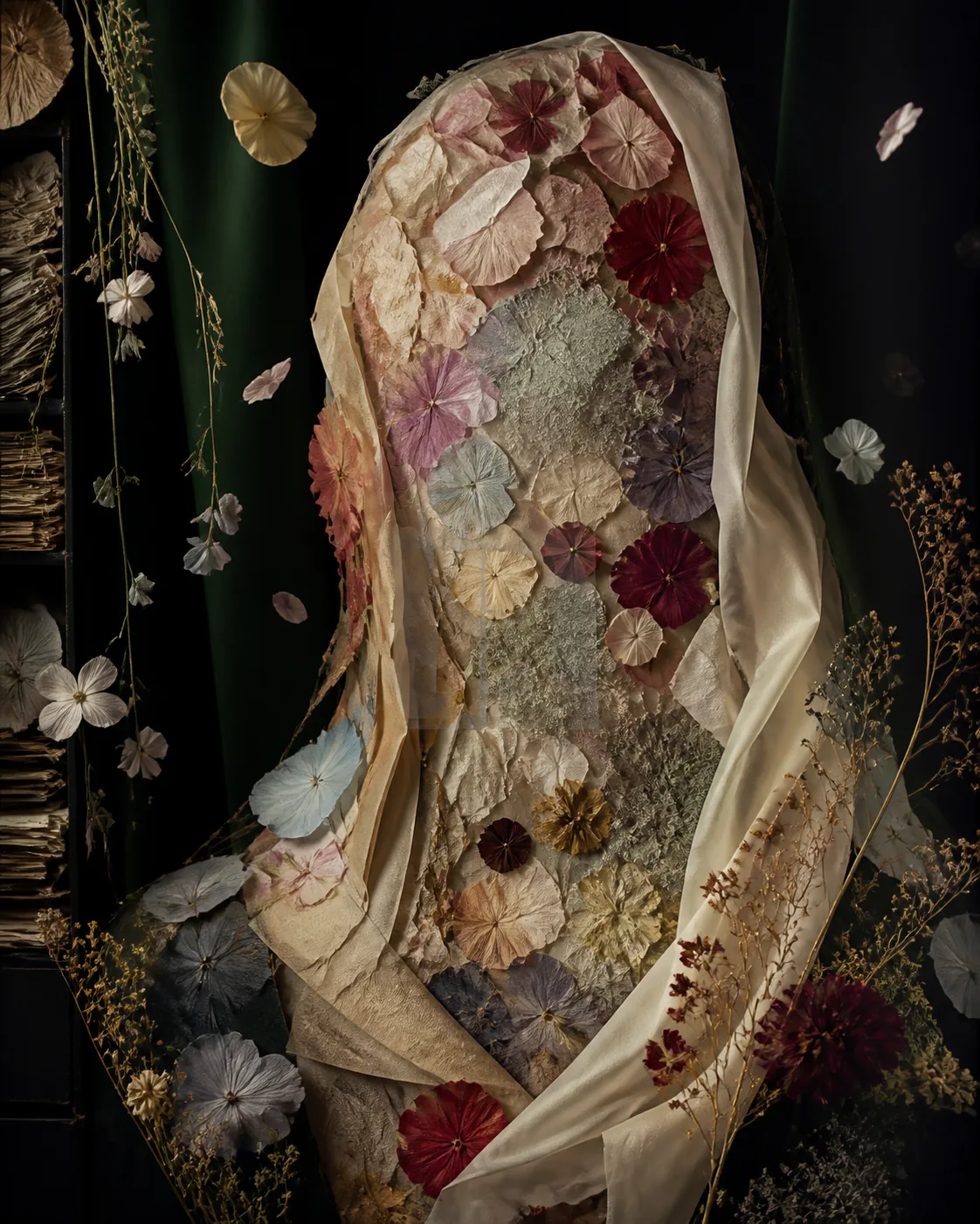 Noncanonical abstract character-art placeholder for Florence Lavelle, formed from dense floral material behind an obscured pane.