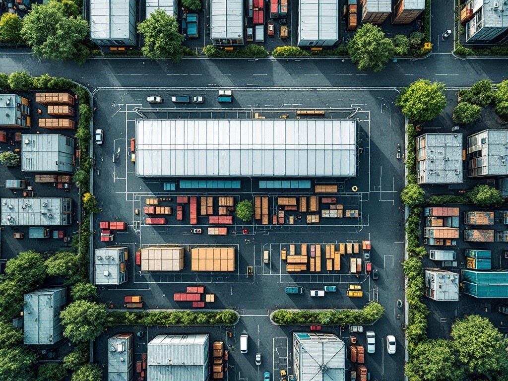 Aerial view of a warehouse and its surrounding area.