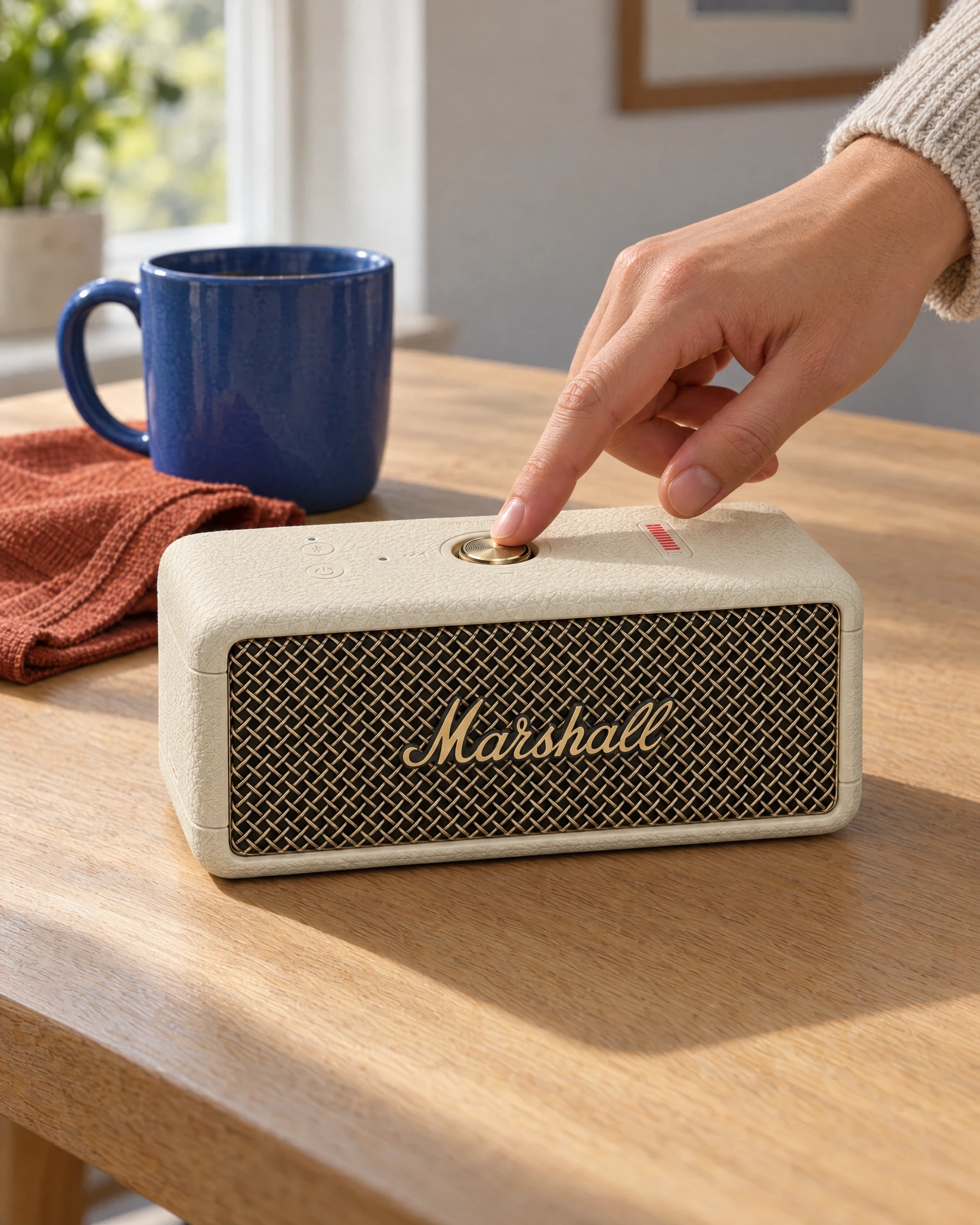 A hand pressing the control on a cream Marshall speaker beside a blue mug