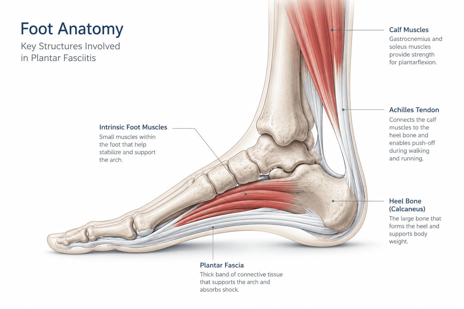 Illustration showing the plantar fascia, arch muscles, and calf muscles involved in heel pain.