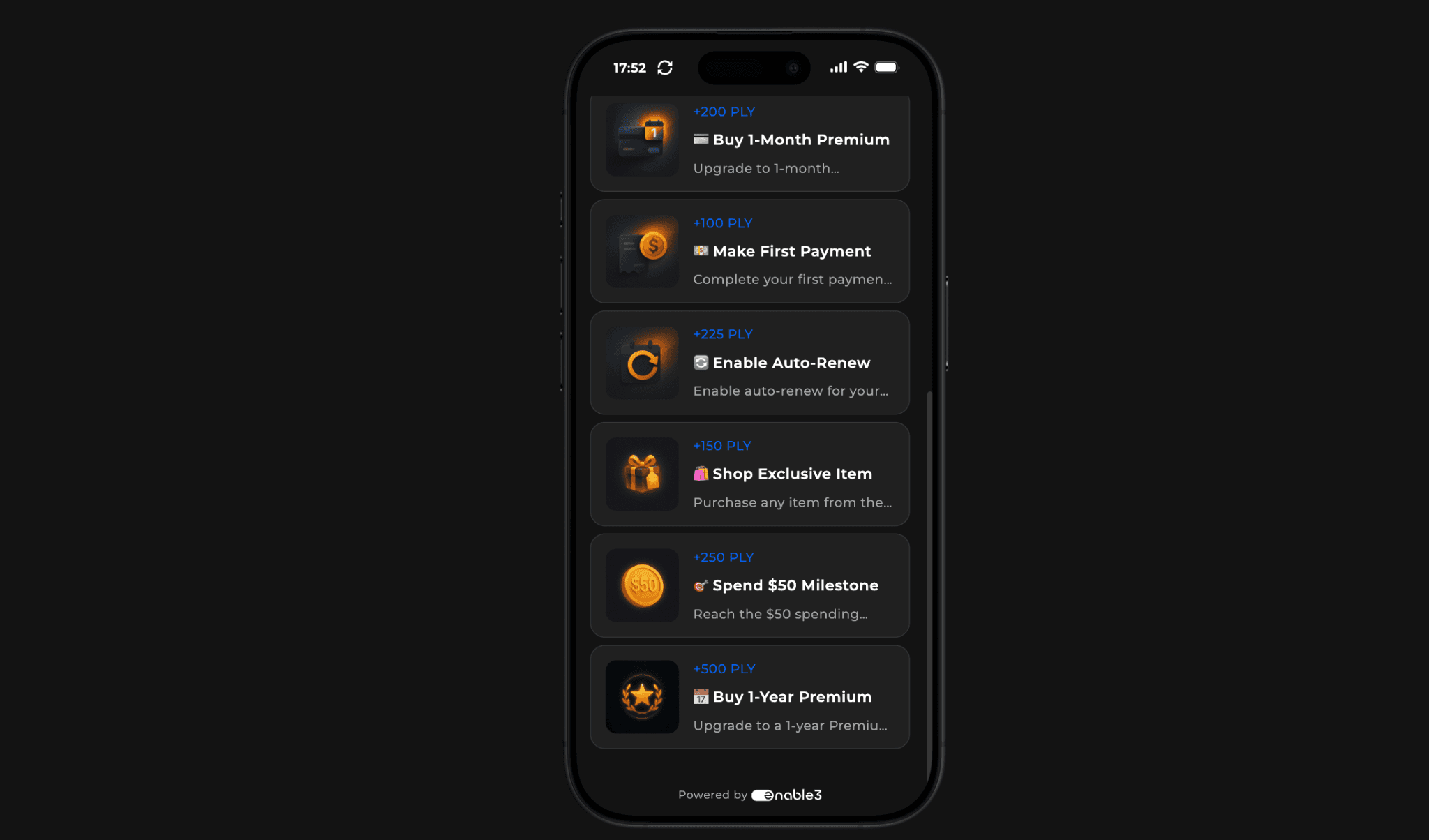 Enable3 loyalty widget integrated into a subscription app, displaying six gamified point-earning missions designed to drive upsells and retention: Buy 1-Month Premium (+200 PLY), Make First Payment (+100 PLY), Enable Auto-Renew (+225 PLY), Shop Exclusive Item (+150 PLY), Spend $50 Milestone (+250 PLY), Buy 1-Year Premium (+500 PLY) — illustrating how Enable3 gamification mechanics can incentivize subscription upgrades, payment completion, and long-term commitment through progressive reward structures