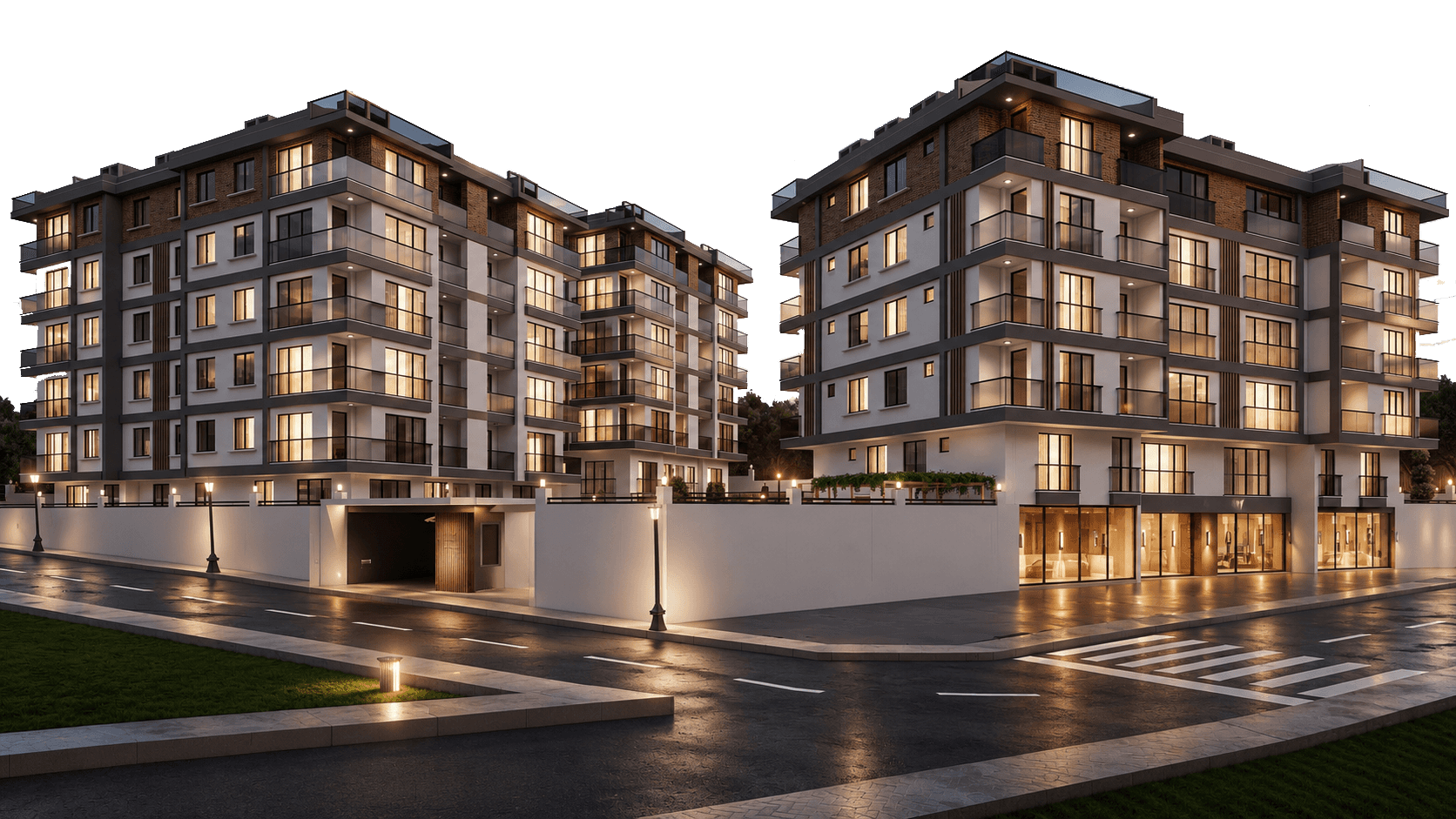 Modern multi-level home with large glass windows and layered terraces at dusk.