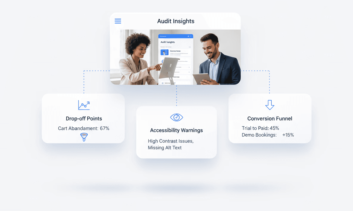 “SaaS UI/UX designer working on onboarding and activation dashboards with floating interface elements showing trial-to-paid conversion improvements.”