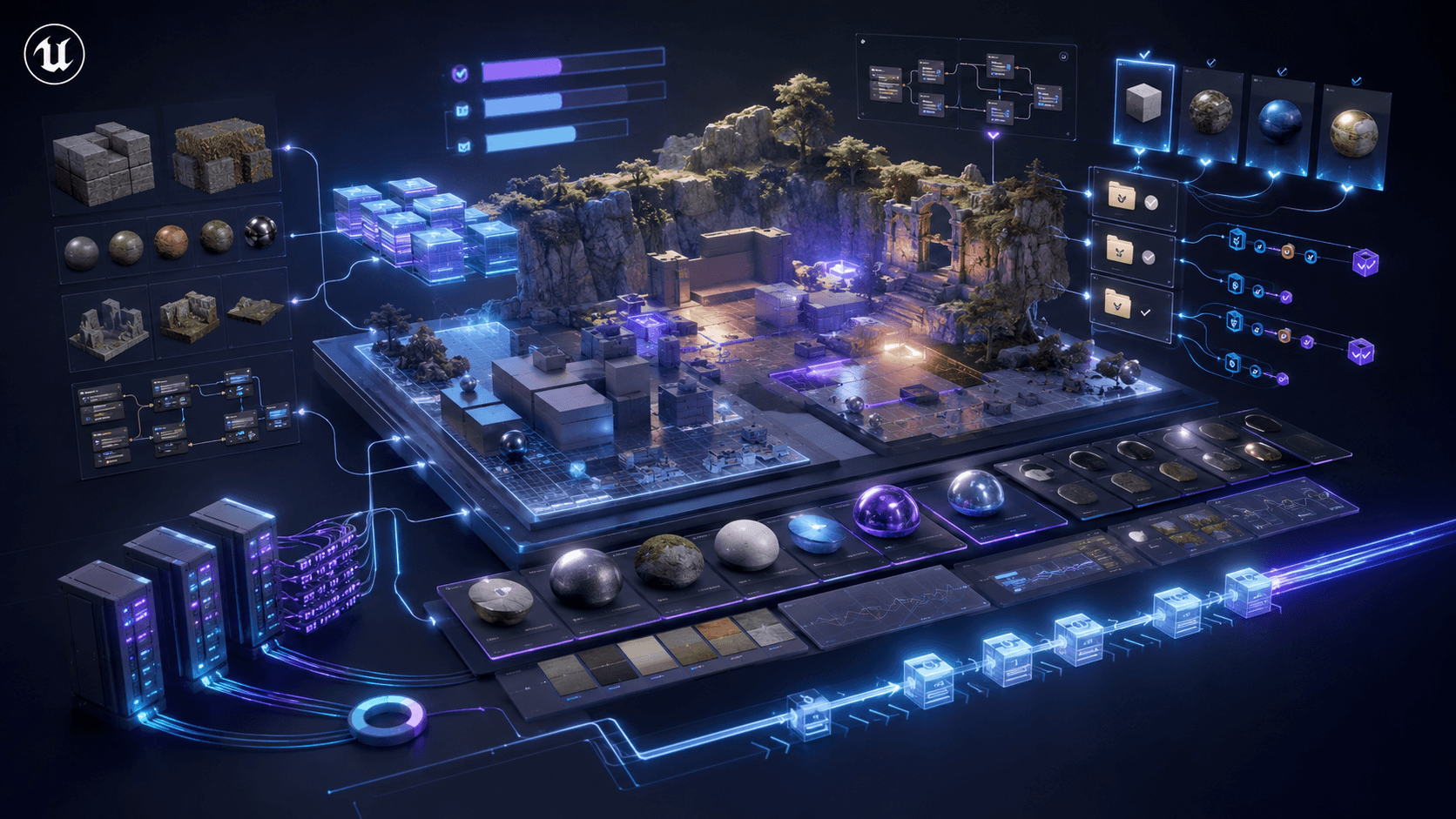 Abstract Unreal Engine workflow scene with a test map, assets, materials, nodes, and connected production systems.