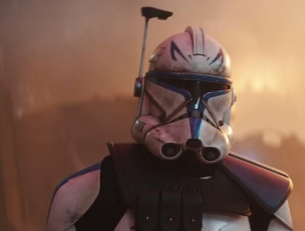 A helmeted Captain Rex in live action