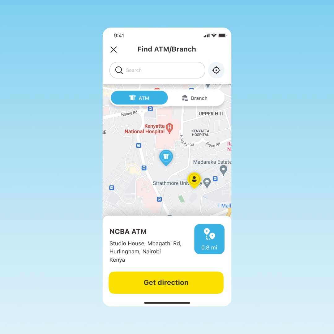 ATM and branch finder screen showing a map of Nairobi with a nearby NCBA ATM selected and a "Get direction" call-to-action button.
