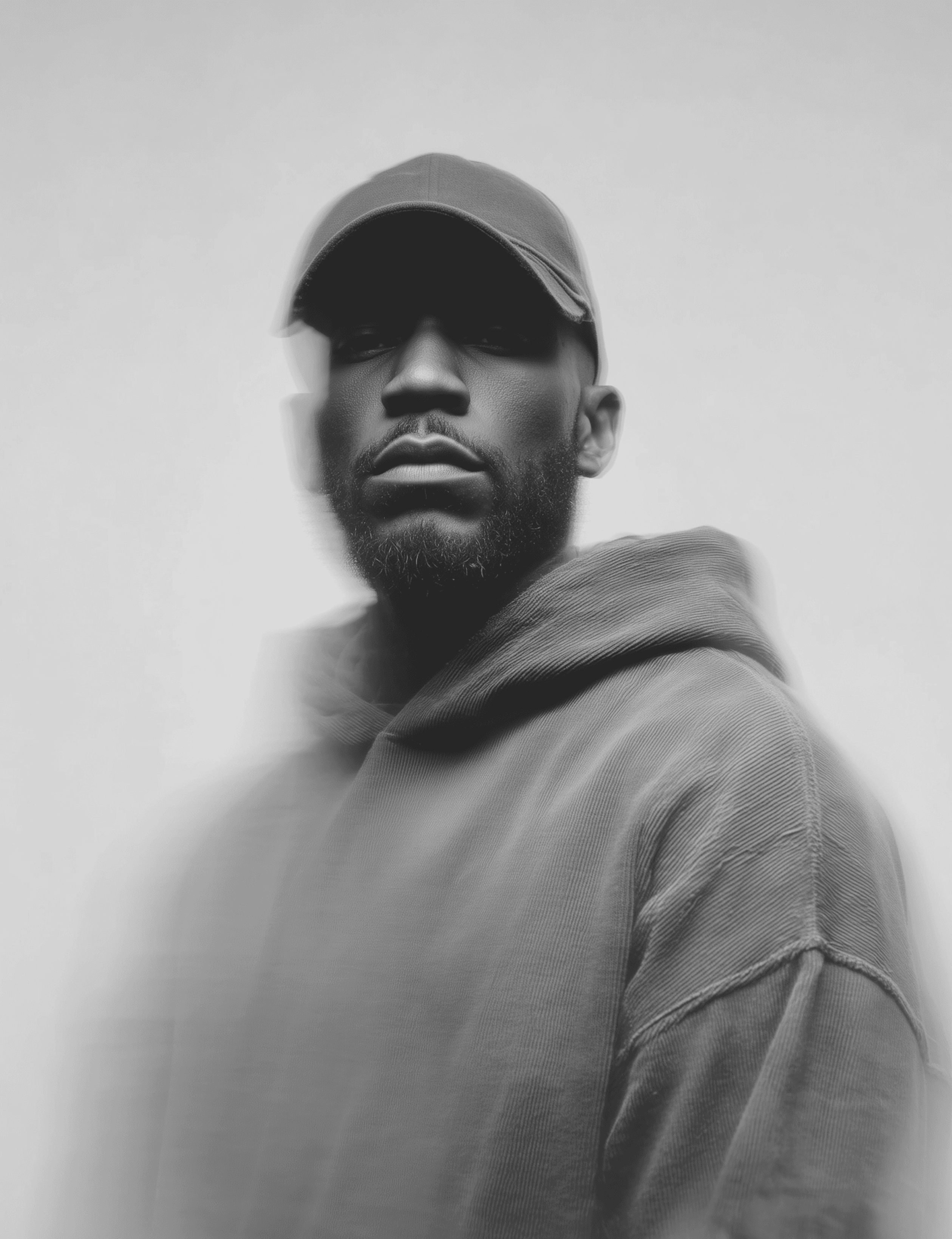 Black and white portrait of a bearded Black man wearing a cap and hoodie, styled with a motion blur effect.