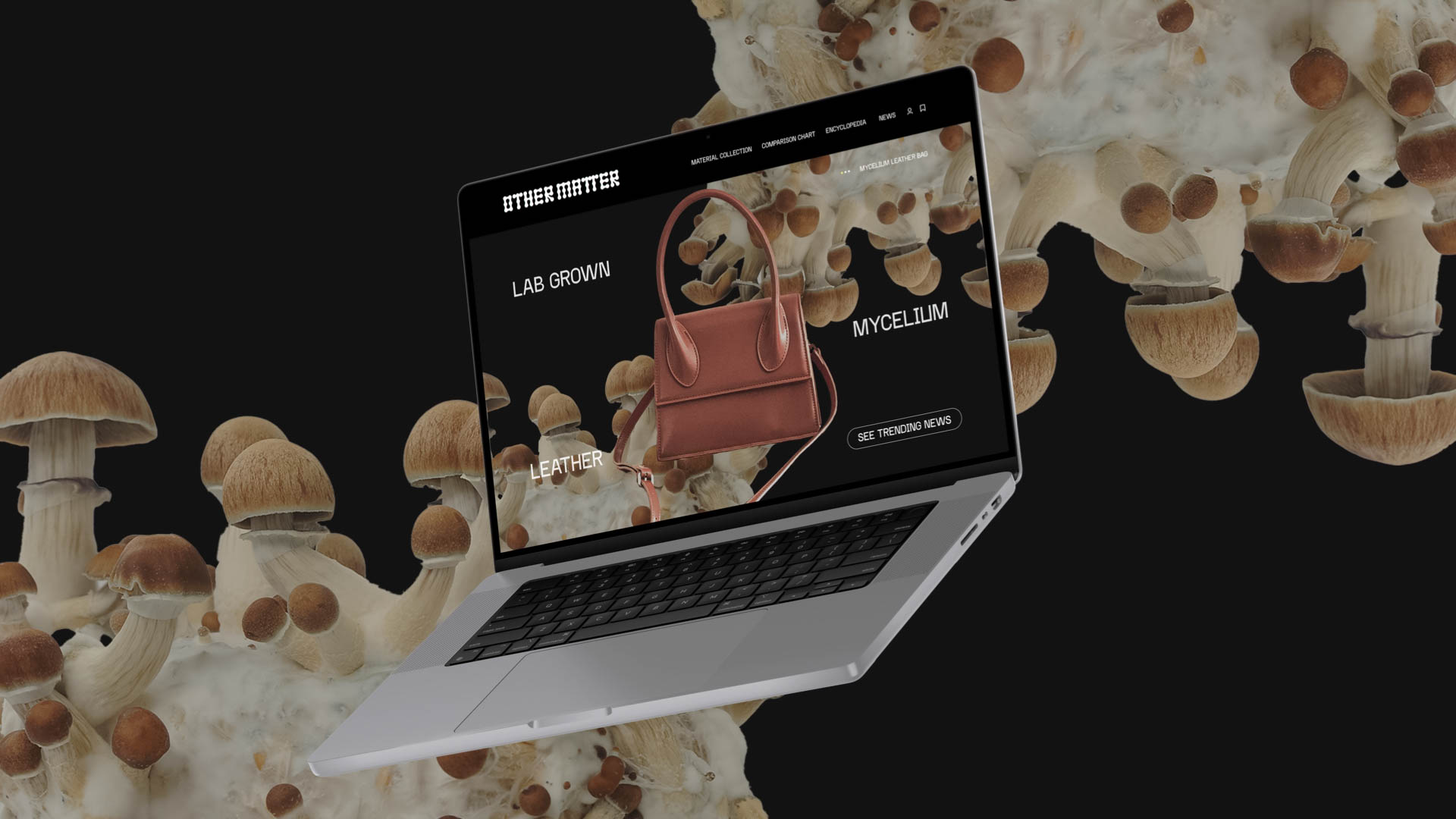 A silver laptop computer is open and displaying a webpage titled “THE OTHER MATTER” with the subtitle “LAB GROVN” and a “MYCELIUM” section. The webpage features a brown leather handbag image and includes “SEE TRENDING NEWS” and a navigation menu. The laptop is positioned against a black background with clusters of brown mushrooms surrounding it, creating a natural and artistic setting.