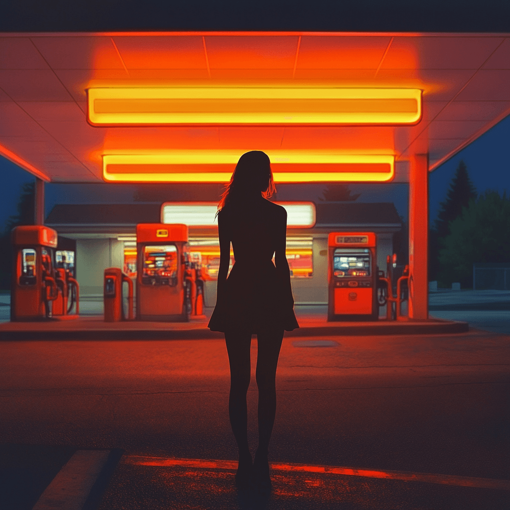 Silhouette of a woman standing under the glowing red neon lights of a gas station at night, creating a moody and cinematic atmosphere.