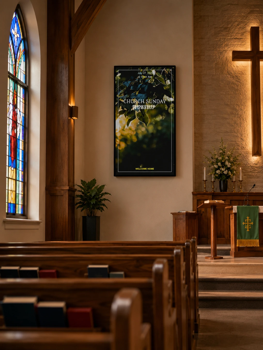 Digital signage display mounted inside a church sanctuary, welcoming visitors with Sunday worship information and announcements.