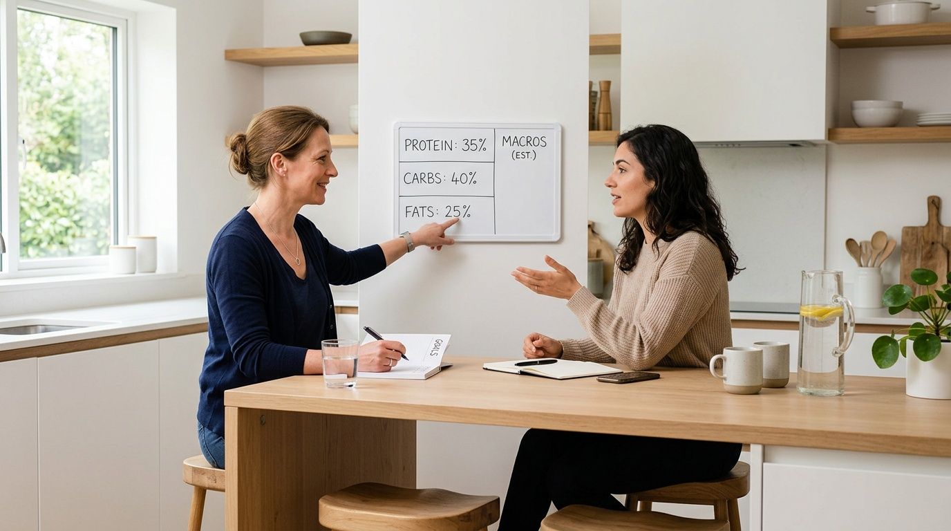 A nutritionist consults with a client in a bright kitchen, pointing at a whiteboard detailing macronutrient percentages.