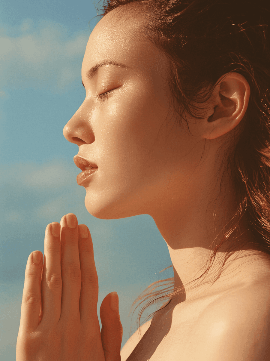 A serene portrait of a woman meditating with hands clasped, set against a clear blue sky, evoking peace and introspection.