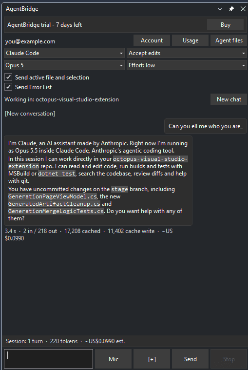 A conversation with Claude Code in the AgentBridge panel