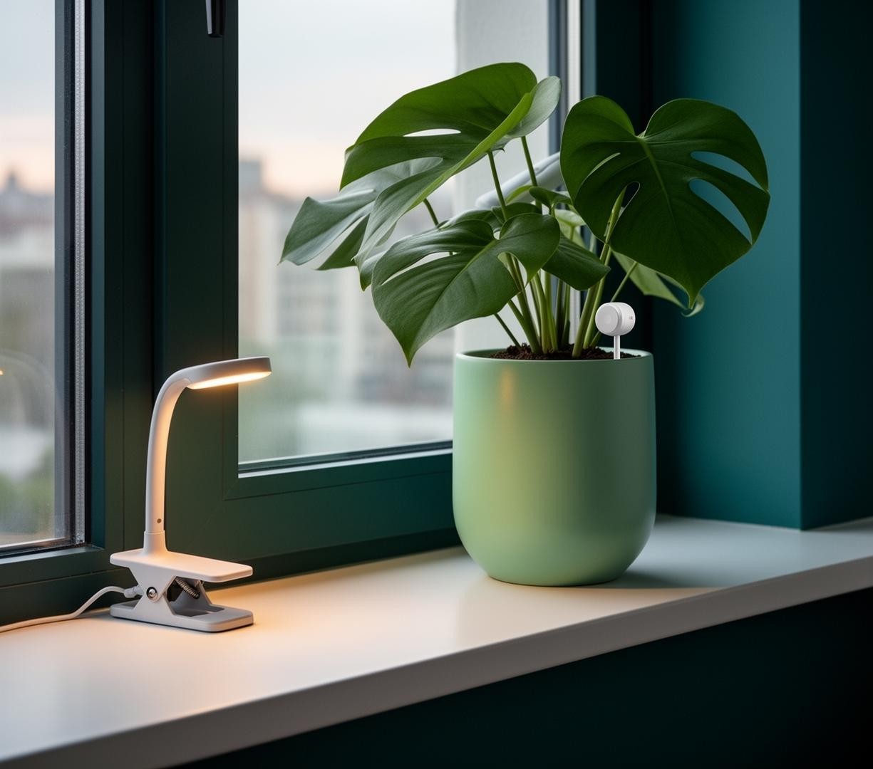 Modern indoor plant in a ceramic pot beside a smart grow light on a windowsill with soft natural lighting