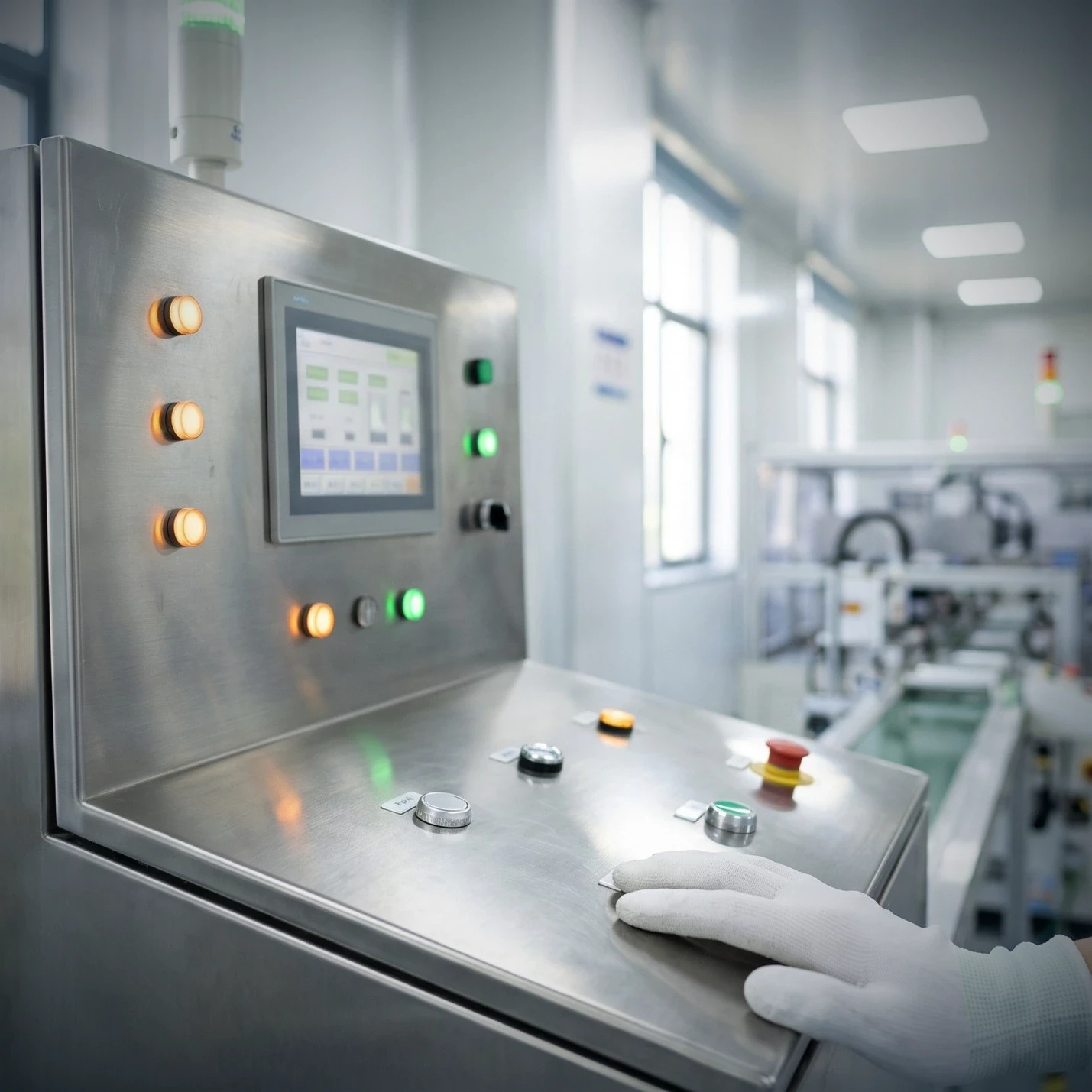 Gloved hand operating a machine control panel with indicator lights on a clean production line.