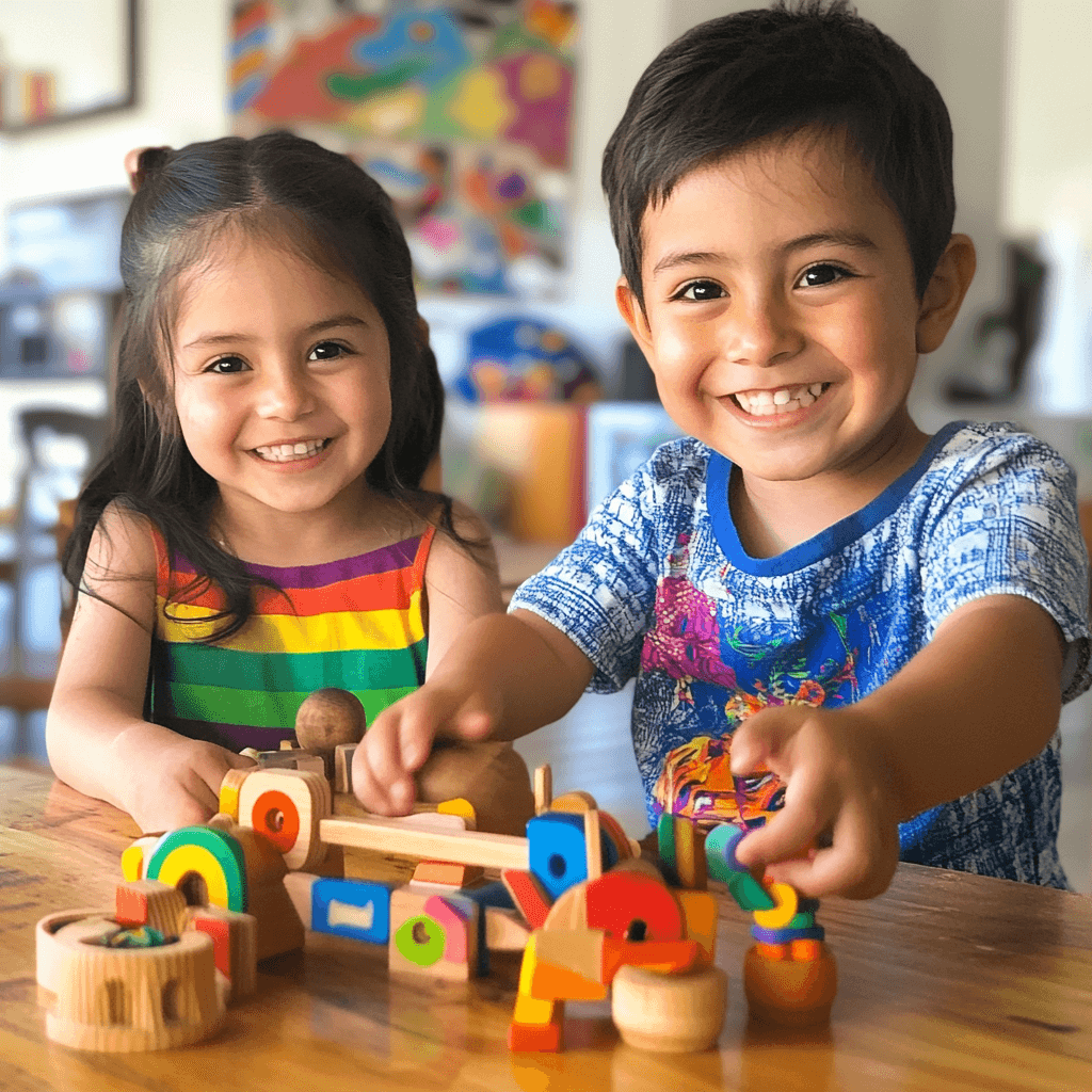 Two happy young children playing with colorful wooden toys at a table, smiling joyfully in a bright and playful environment.