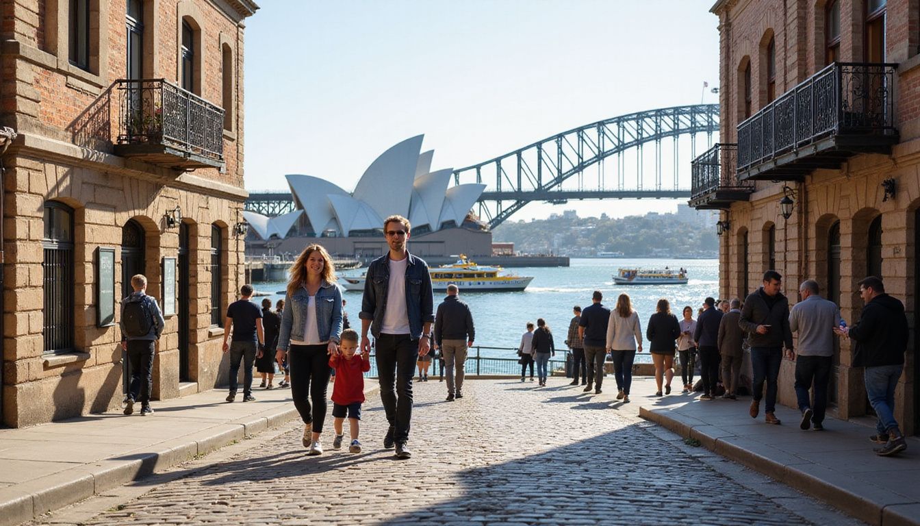 A family strolls through Sydney's historic The Rocks district.