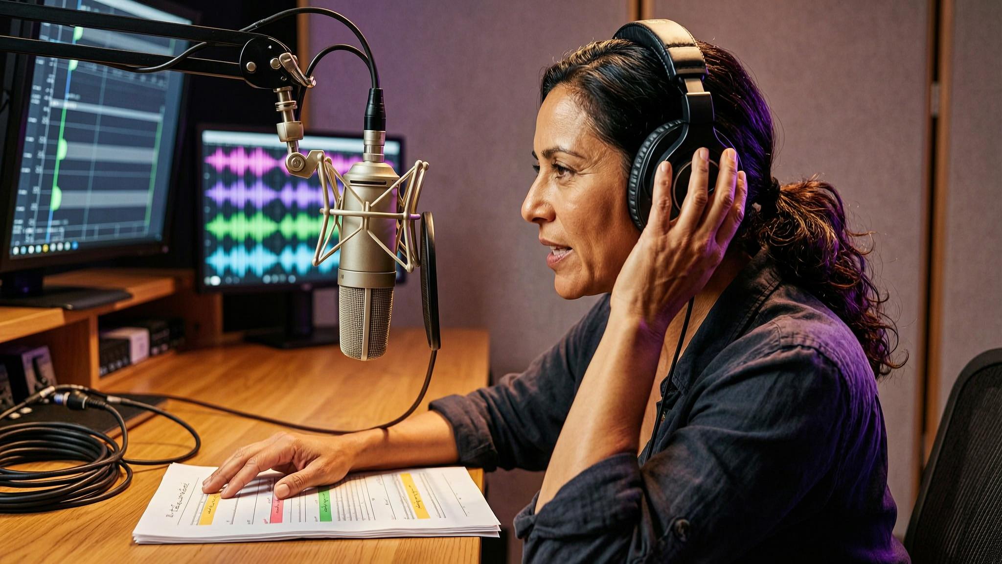 Voice director comparing three controlled AI character takes in a recording room