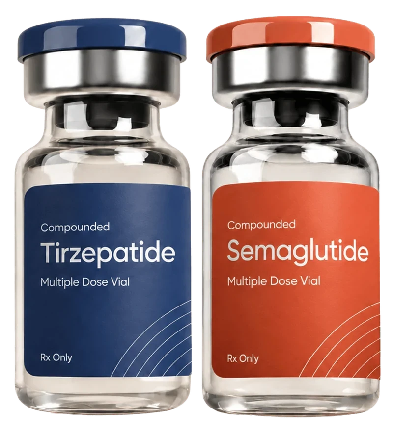 Vials labelled Compounded Tirzepatide and Compounded Semaglutide side by side