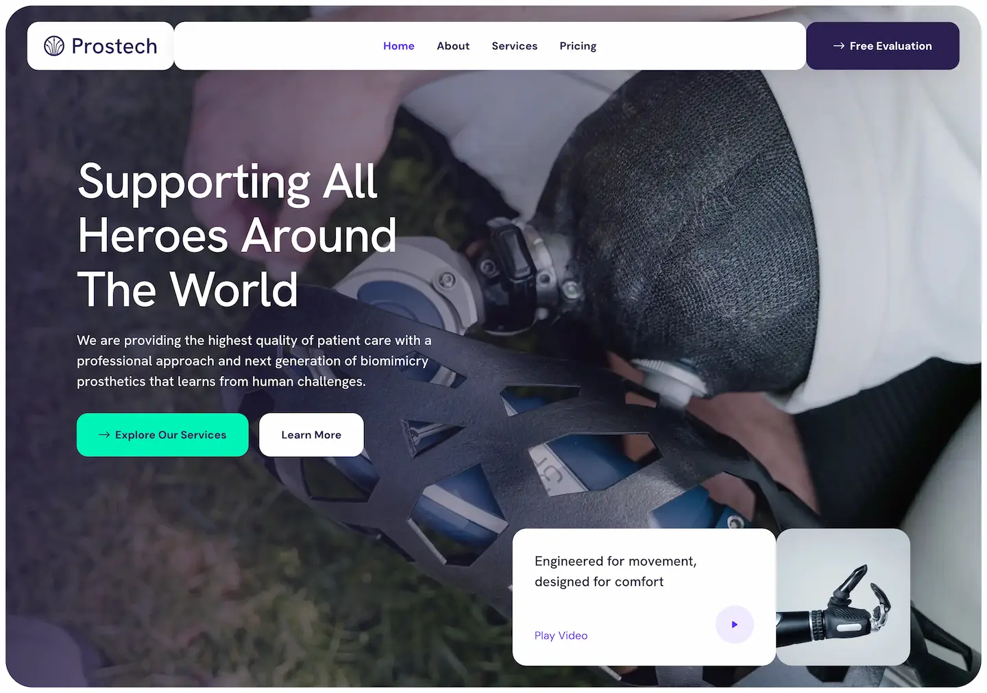 Prosthetics company website banner with text "Supporting All Heroes Around The World" and image of a prosthetic leg