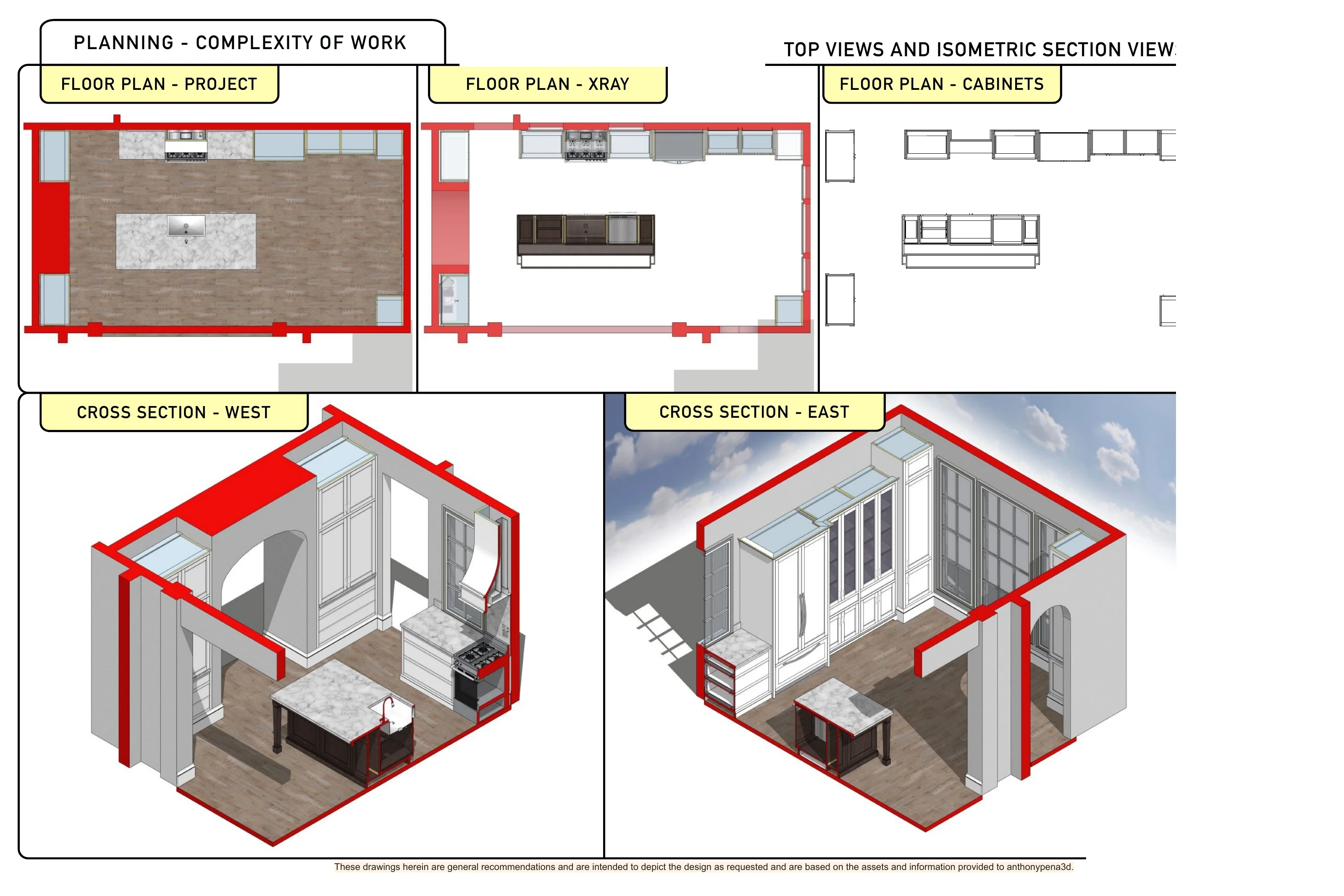 Two-Tone Dining Kitchen: Kitchen plans and paired isometric sections.