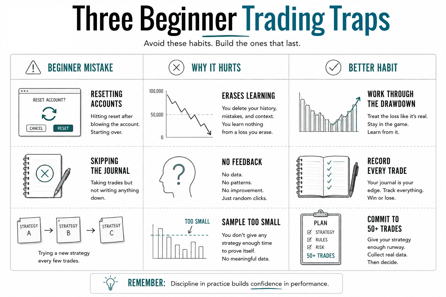 Three-column comparison chart highlighting common paper trading mistakes, why they slow learning, and better habits. The comparison covers resetting demo accounts versus working through drawdowns, skipping a trading journal versus recording every trade, and strategy hopping versus committing to at least fifty practice trades.