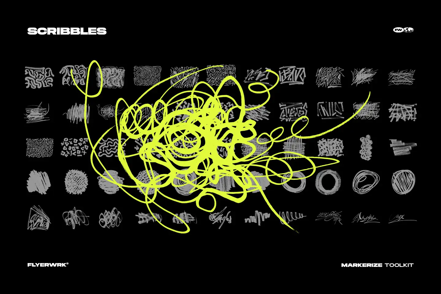 Markerize scribbles pack featuring over fifty hand drawn messy marker strokes with neon yellow highlight accents