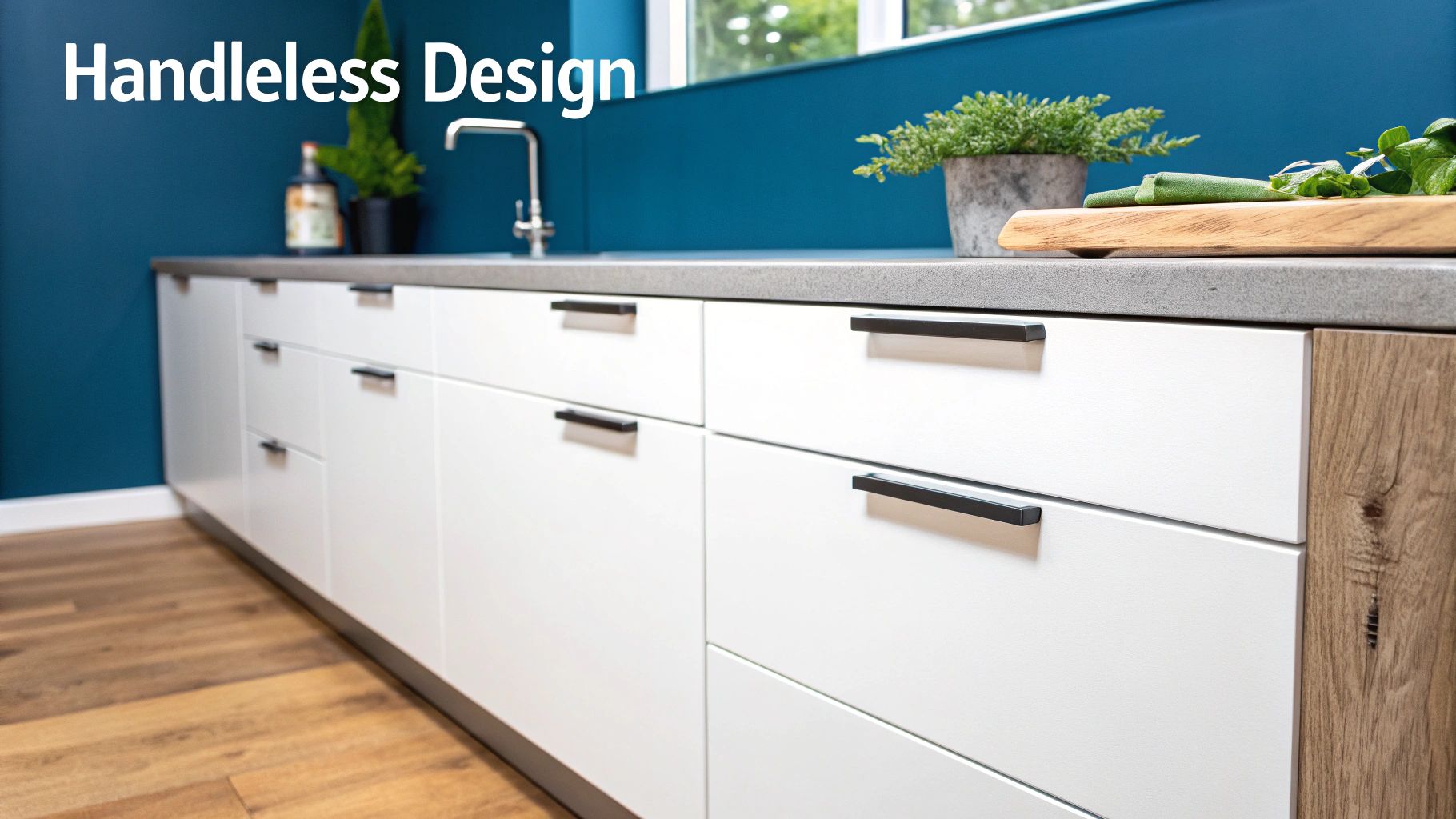 Modern kitchen featuring handleless design white cabinets, sleek black pulls, and a grey countertop.