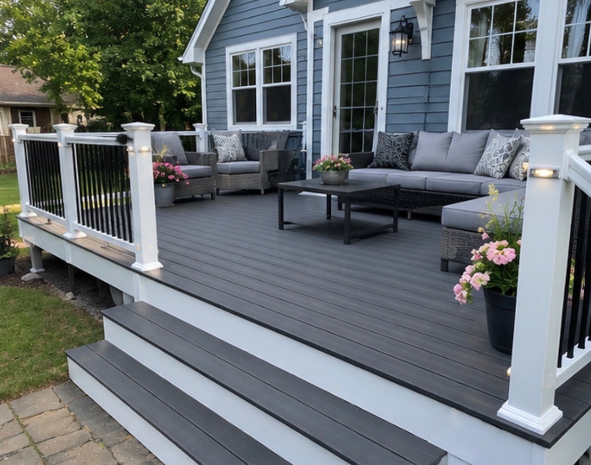 Finished deck with table, railing, and seating area