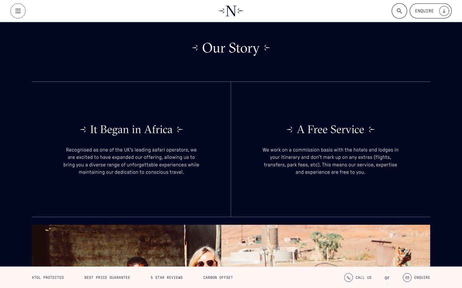 Dark blue background with white text: "Our Story". Left: "It Began in Africa" description. Right: "A Free Service" description.