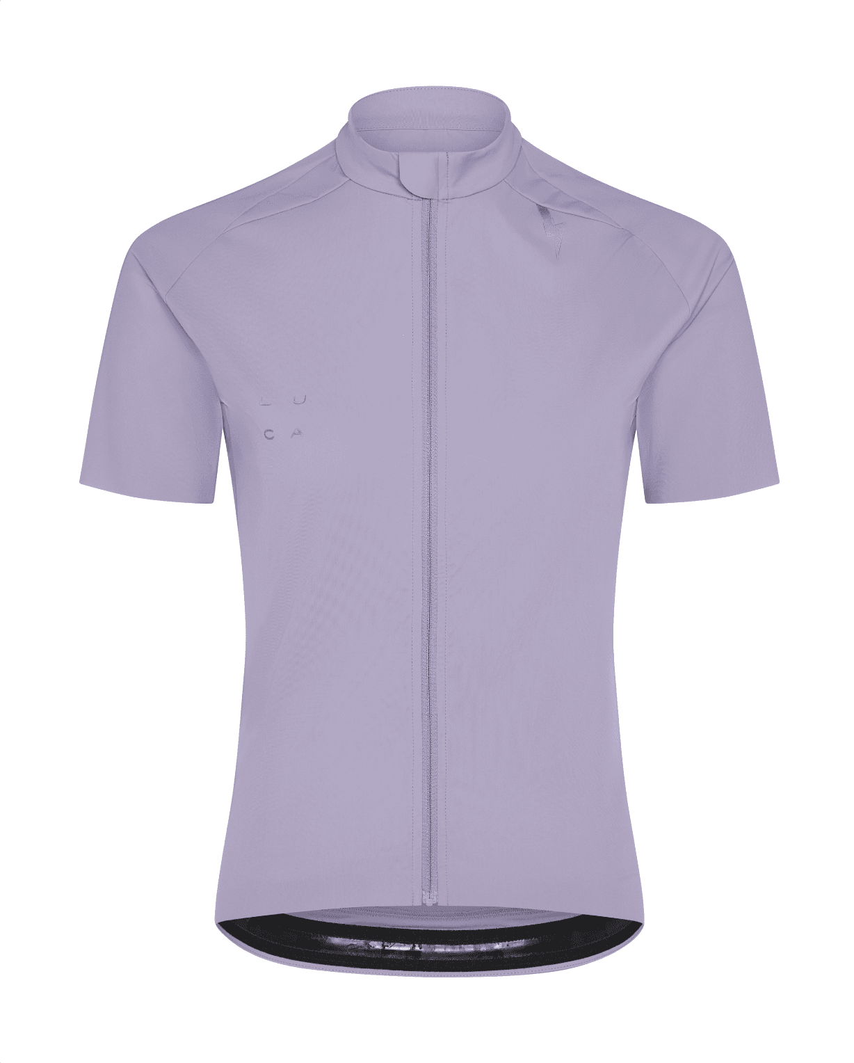 Woman-zipping-up-a-light-lilac-jacket-over-the-black-one-piece-cycling-suit-with-a-deep-v-neck-and-a-front-zipper-The-LUCA-logo-is-near-the-waist