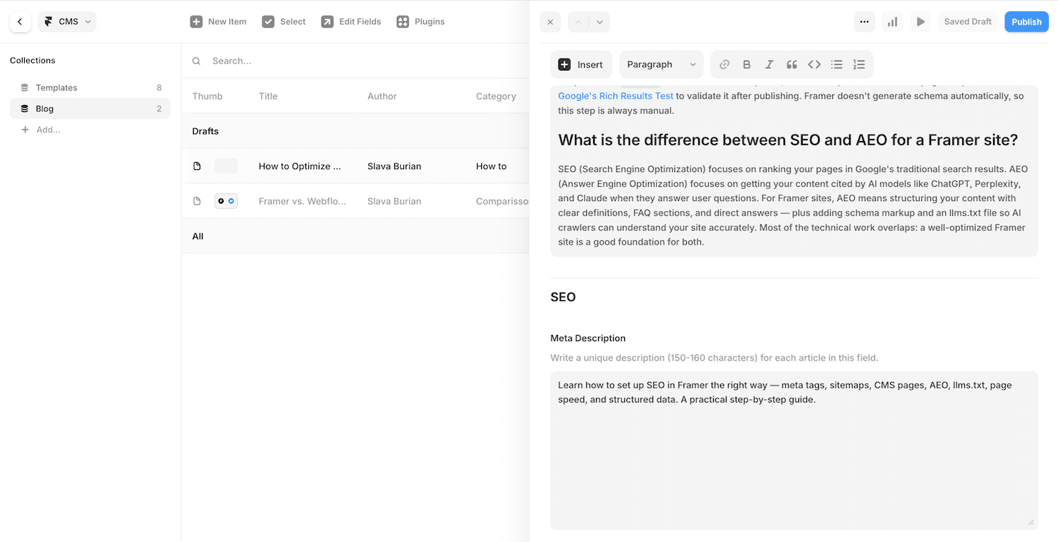 Framer CMS collection meta title and meta description