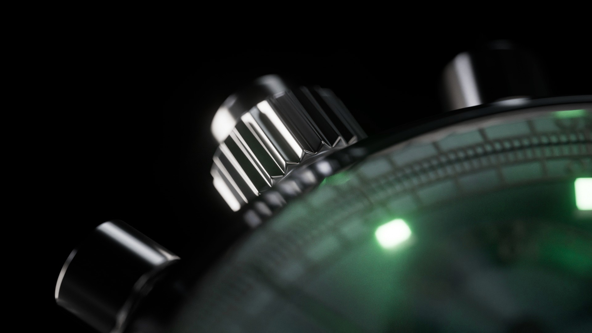 Seitenansicht der gerenderten Uhr mit Fokus auf Gehäuse, Krone und metallische Oberflächenreflexionen