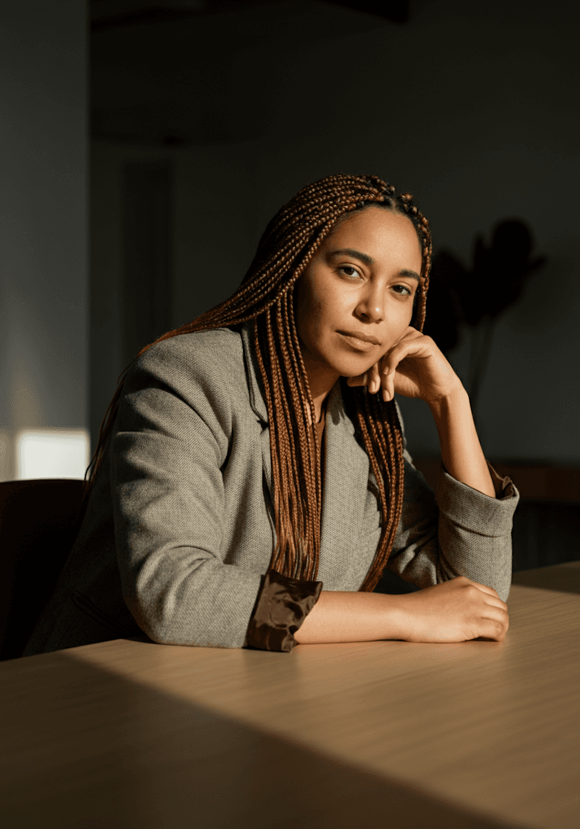 Professional woman with long braids sitting at a wooden desk.