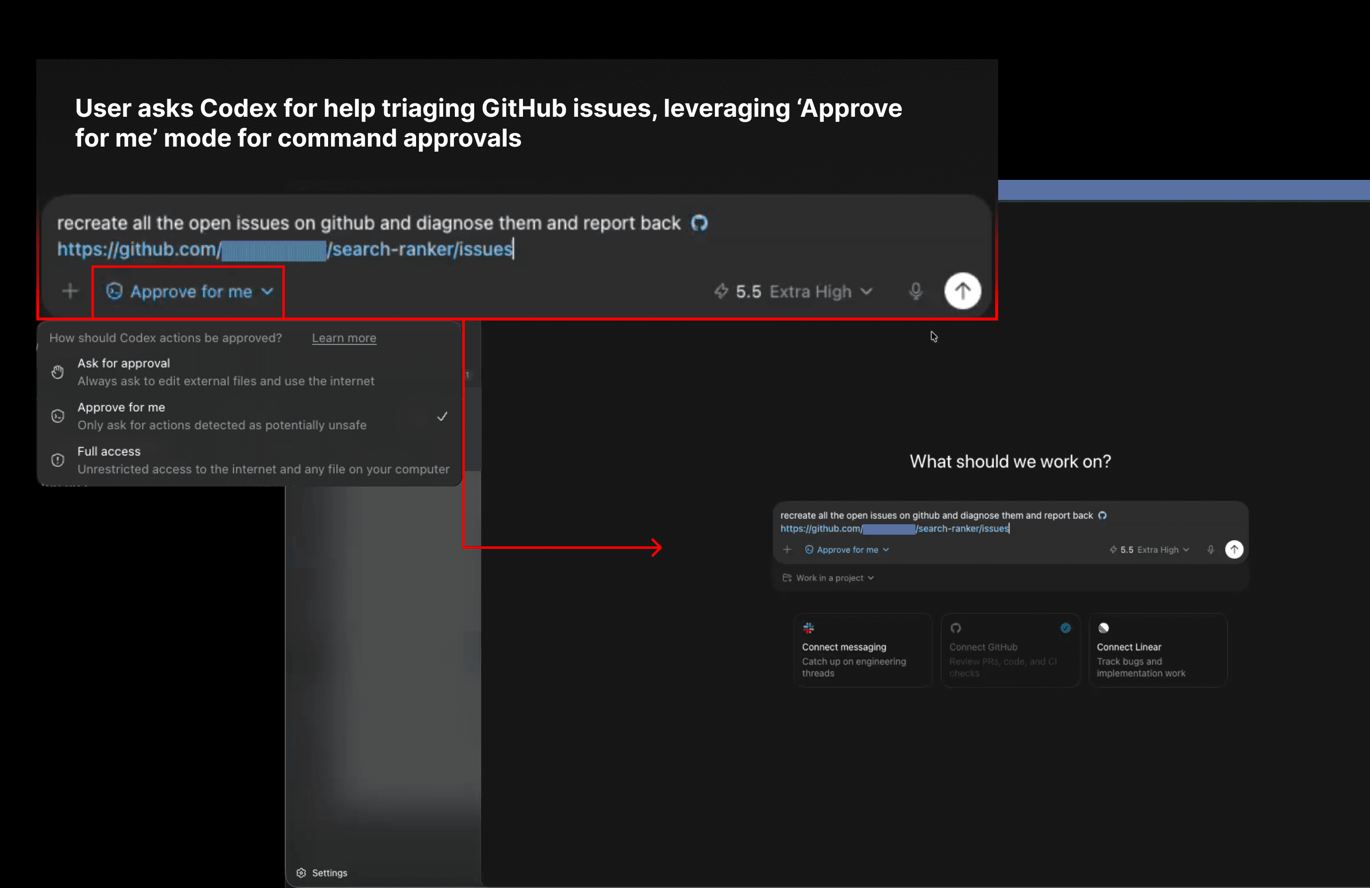 User asks Codex with 'Approve-for-me' command validation mode for help with diagnosing GitHub issues